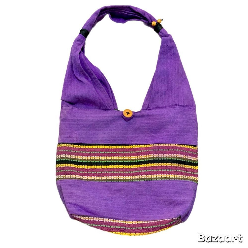 Handwoven Purple Boho Hobo Bag with Decorative Stripe 14” Wide 12” Deep L 24”